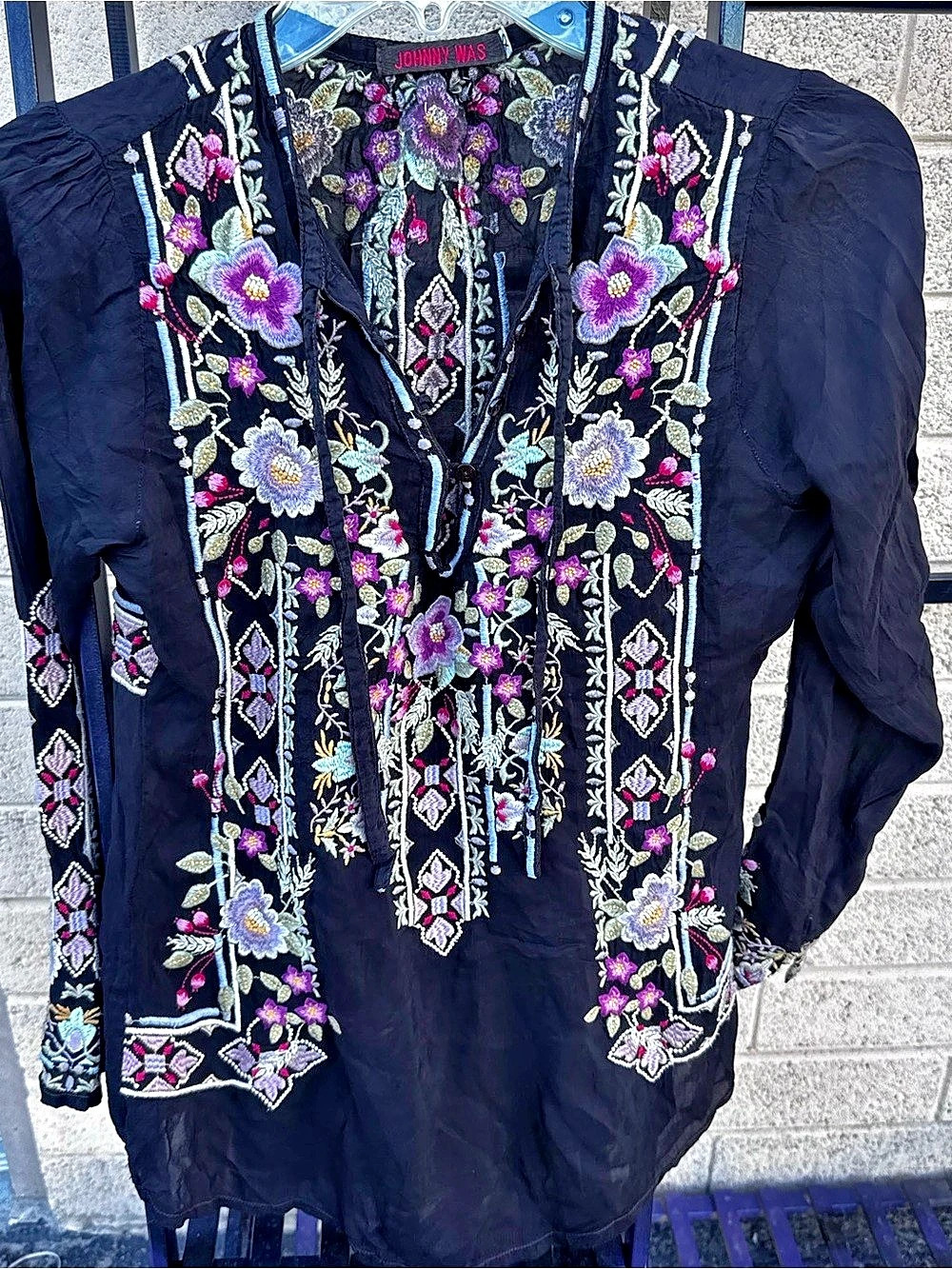 Johnny Was Floral Embroidered Blouse in Black & Purple XSmall